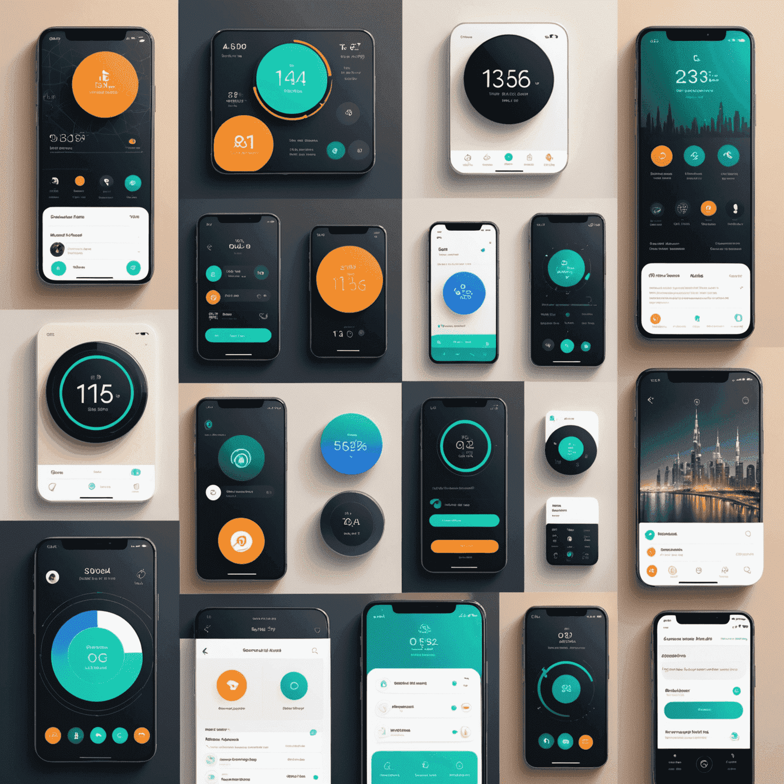 A collage showcasing various modern mobile app interfaces, emphasizing sleek designs, 5G connectivity symbols, and UAE-specific app elements