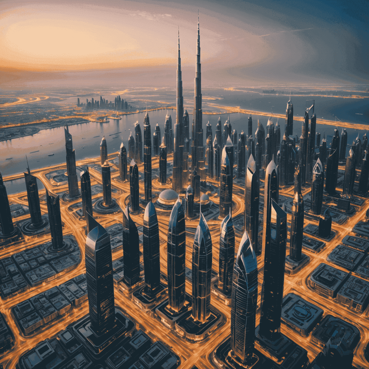 Aerial view of Dubai skyline with 5G towers and network visualization overlay
