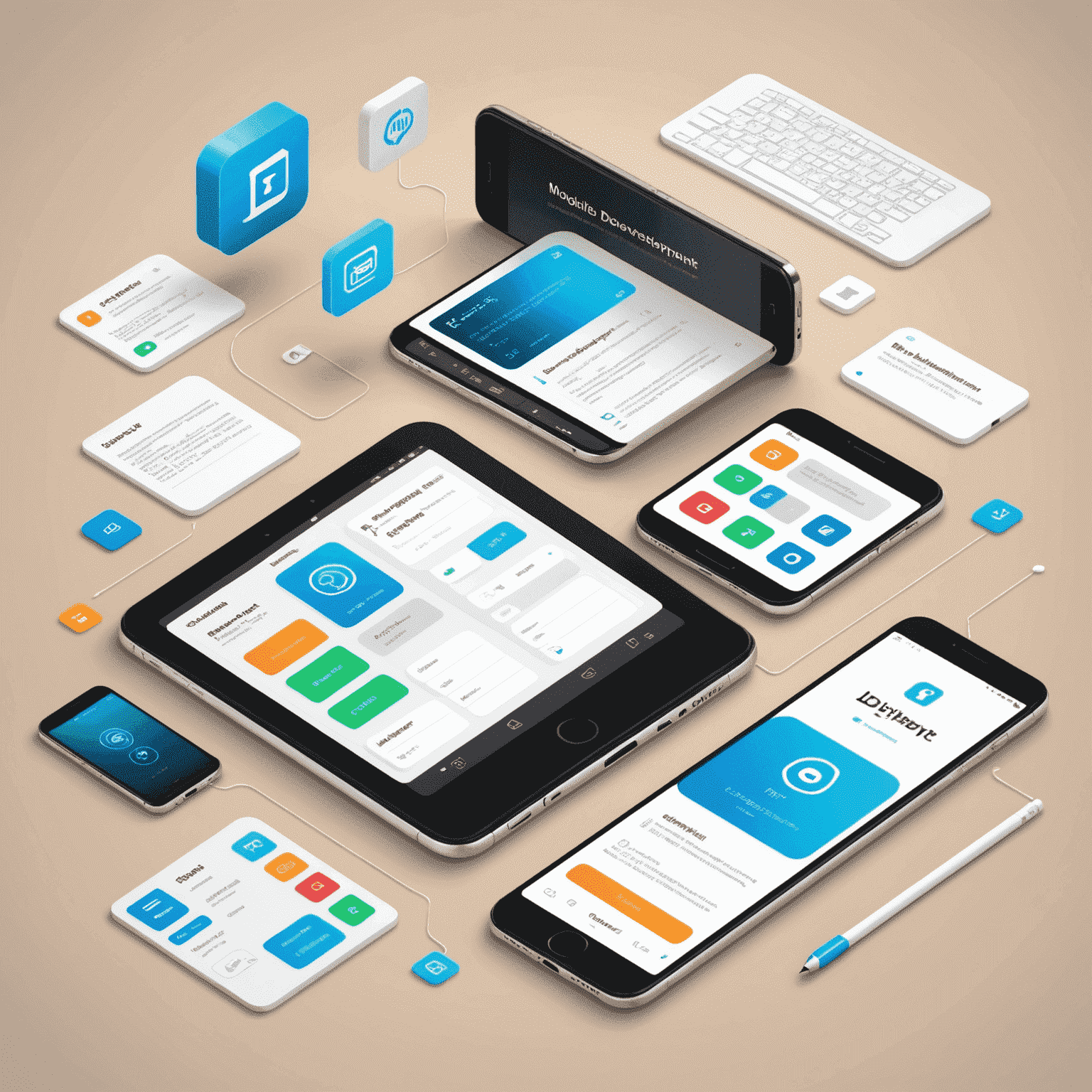Illustration of mobile app development process, showing code, design elements, and a smartphone with a custom app interface