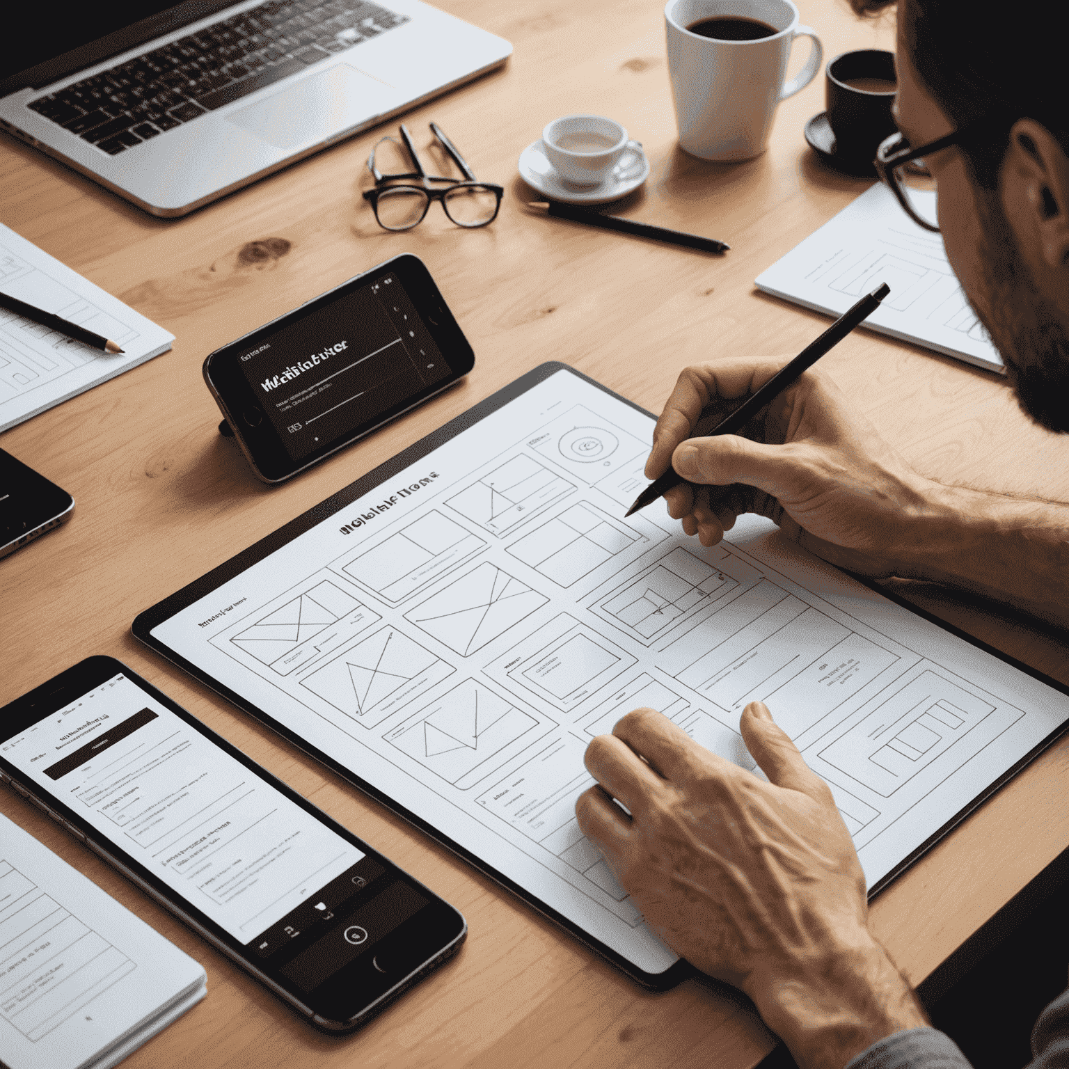 Illustration of UI/UX design process showing wireframes, prototypes, and user testing for mobile interfaces