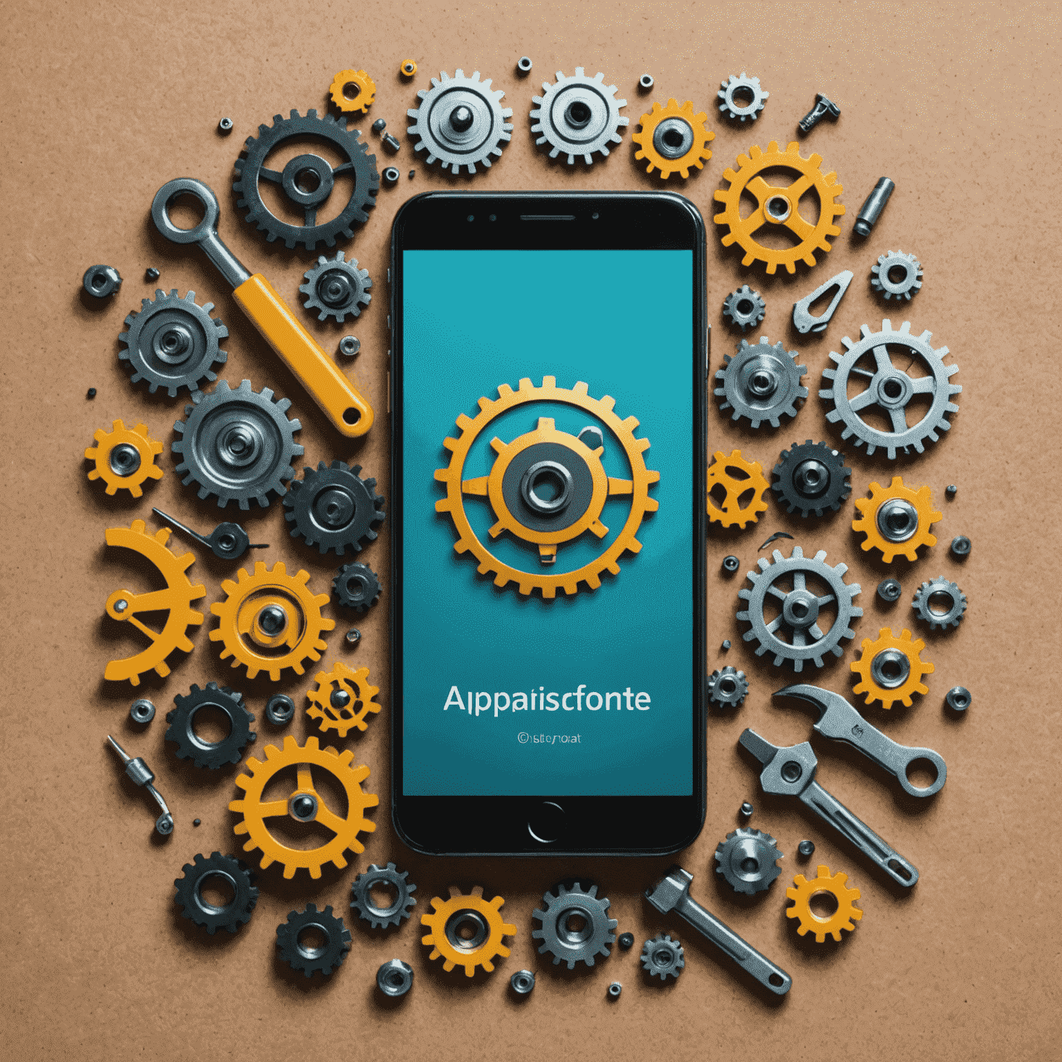 A smartphone with various maintenance tools and gears floating around it, symbolizing ongoing app support and optimization