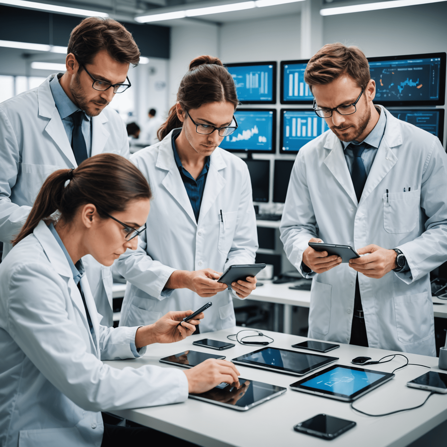 A team of professionals testing various mobile devices, including smartphones and tablets, in a modern lab environment. The image showcases different testing tools and software interfaces.