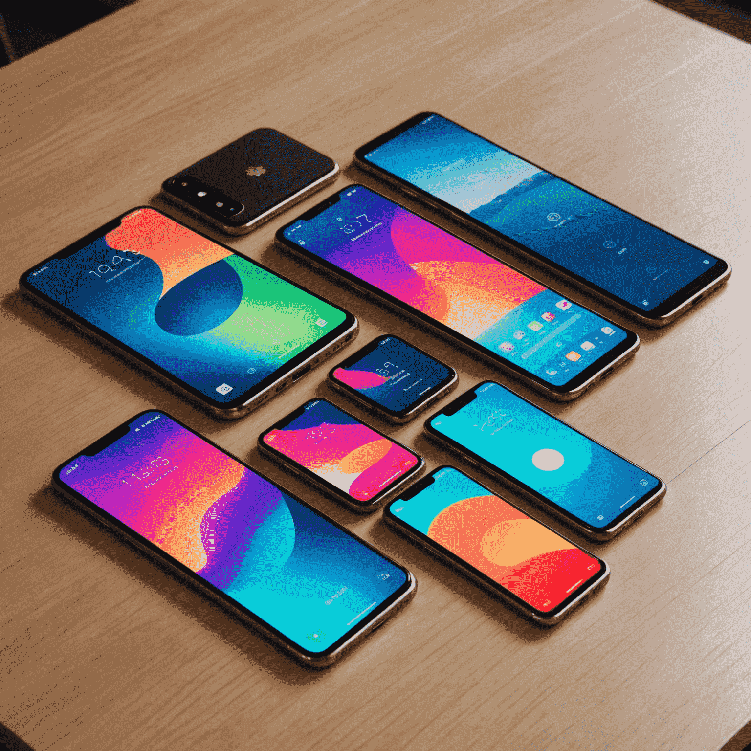 Various new smartphone models displayed on a sleek, modern table with vibrant screens showing their features