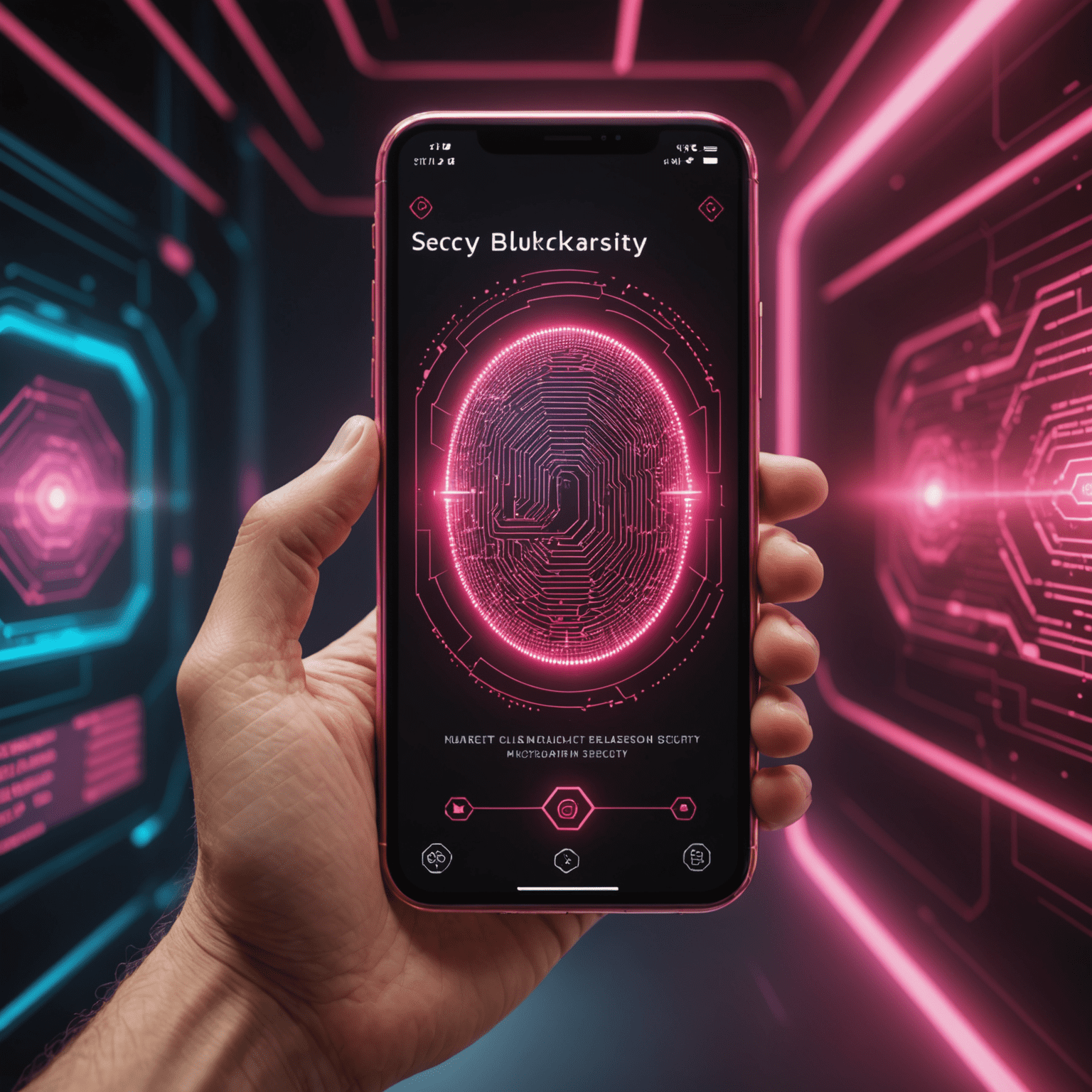 A split-screen image showing a futuristic biometric scan interface on a smartphone and a visualization of blockchain security in pink and red hues
