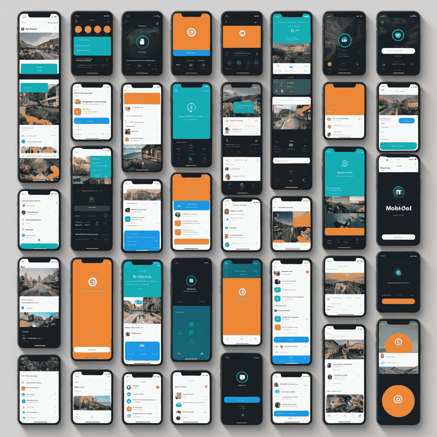 A collage of various mobile app screens showcasing different types of applications developed by mobipoli. The image includes examples of e-commerce apps, social networking platforms, productivity tools, and entertainment apps, all optimized for 5G performance.