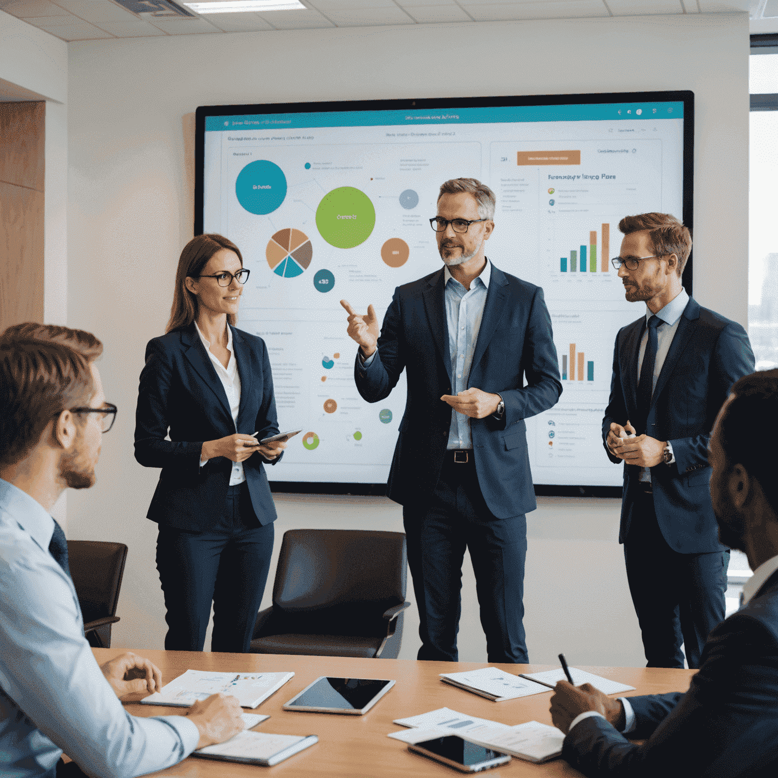 A consultant presenting a mobile strategy plan on a large touchscreen to a diverse group of business professionals in a modern meeting room
