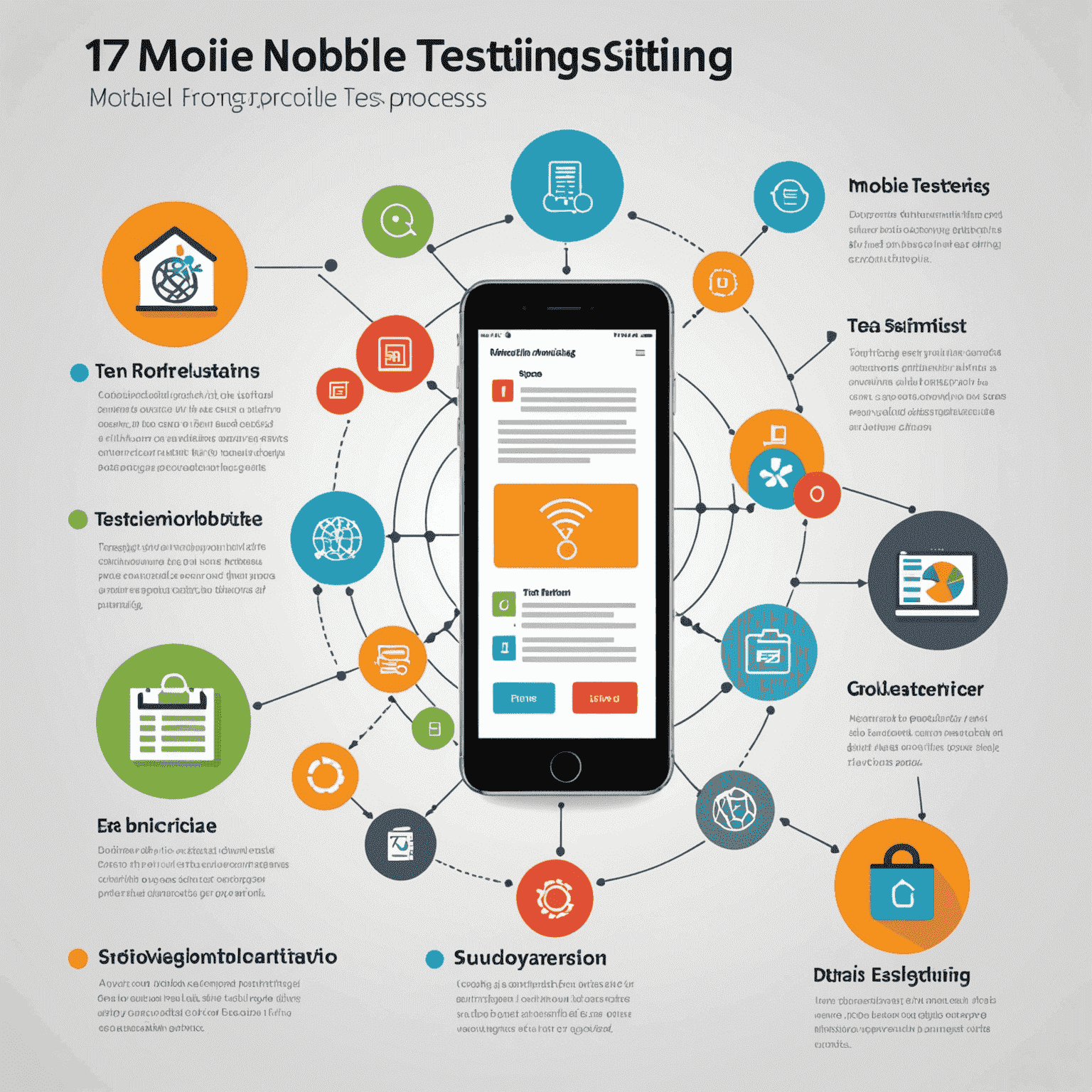 An infographic showing the 7-step mobile testing process, with icons representing each stage from requirements analysis to final reporting.