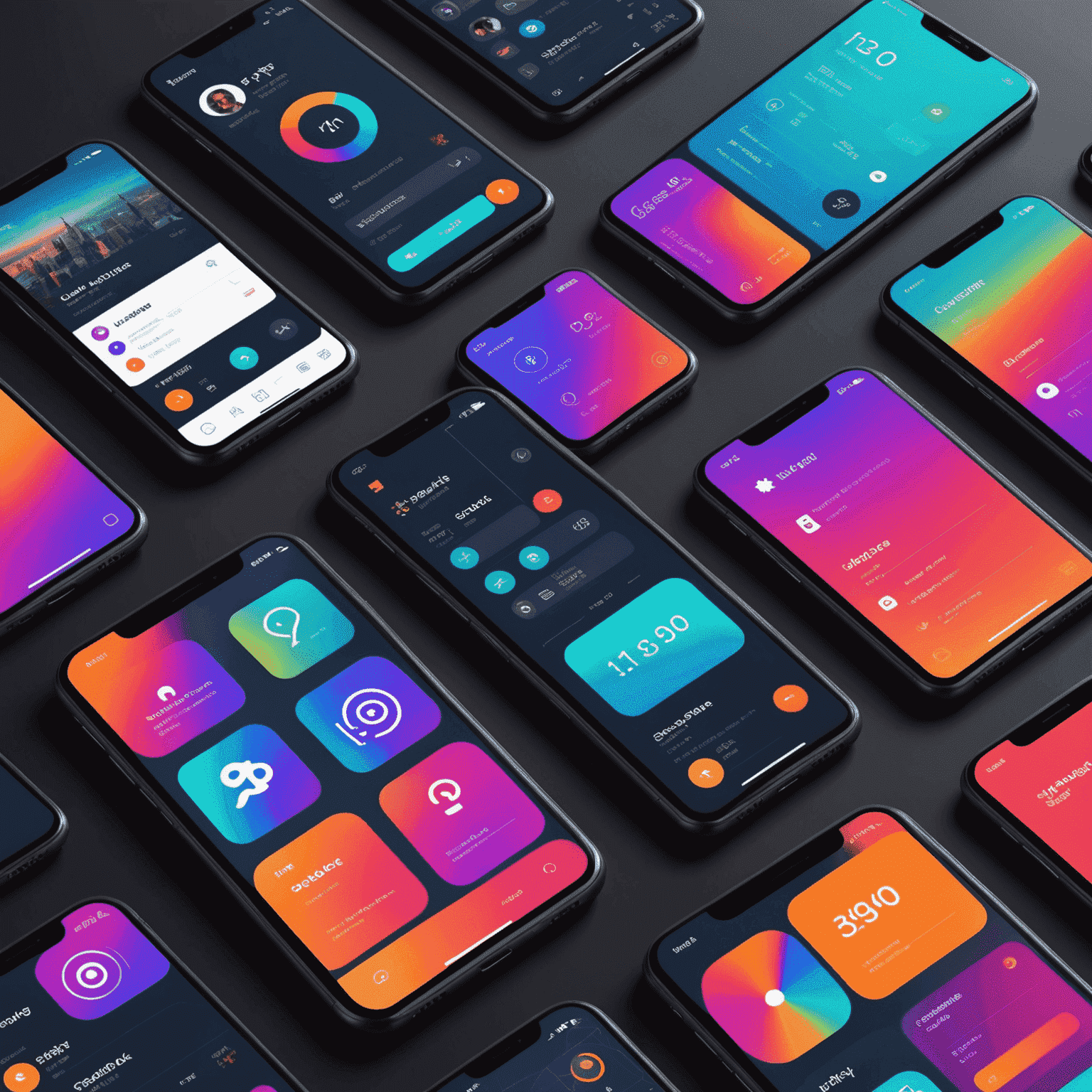 Collage of trending mobile app interfaces with futuristic UI elements and vibrant color schemes