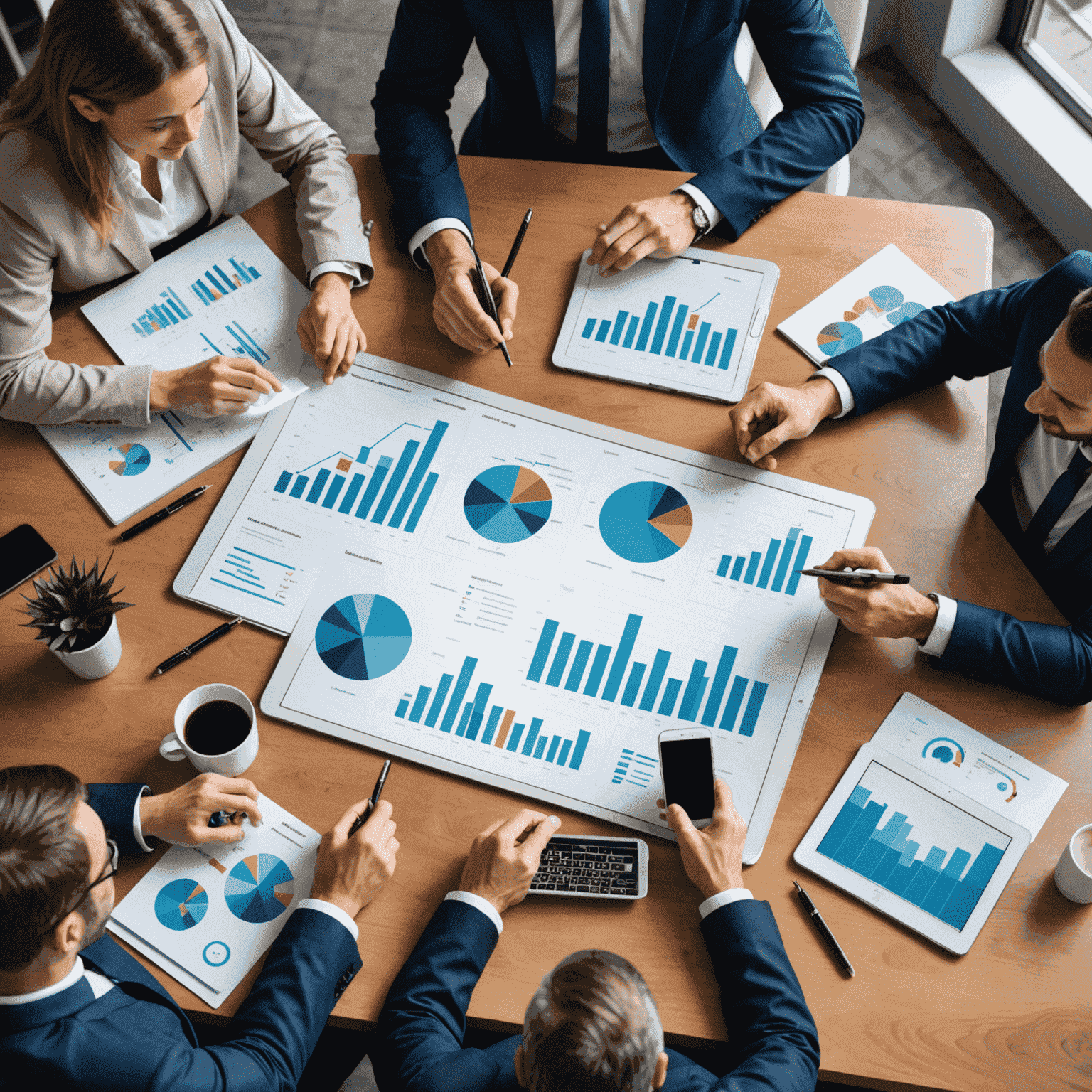 Business professionals discussing mobile strategy, with charts and mobile devices on a table