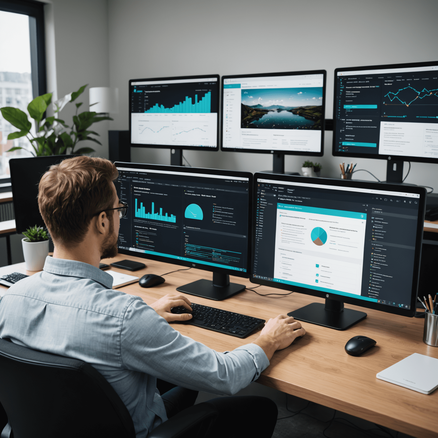 Developer working on app maintenance, with multiple screens showing app analytics and update processes